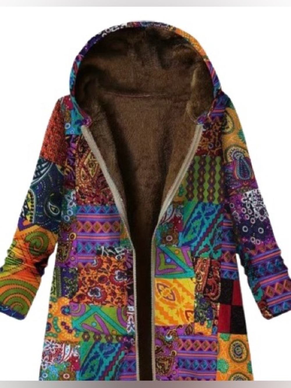 Multicolored Patchwork Faux-Fur-Lined Hooded Jacket New Size Large